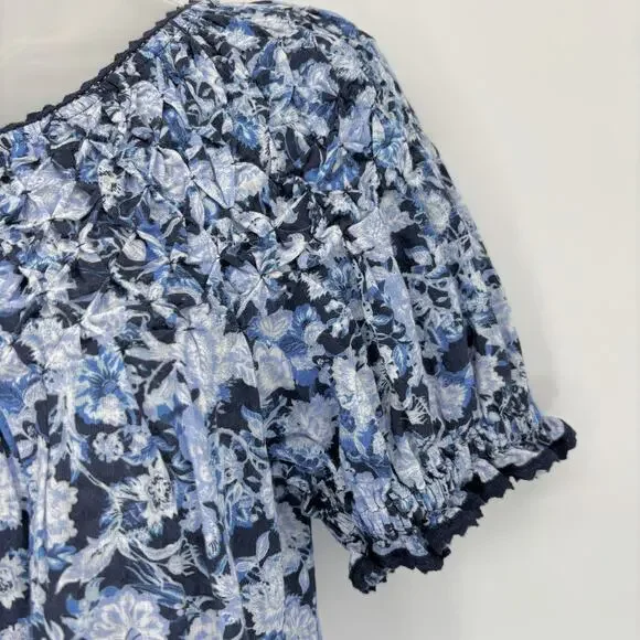 NWOT Sundance Blouse Top XS Blue Floral Smocked Puff Sleeve Lace Henley Tropical - Picture 3 of 6